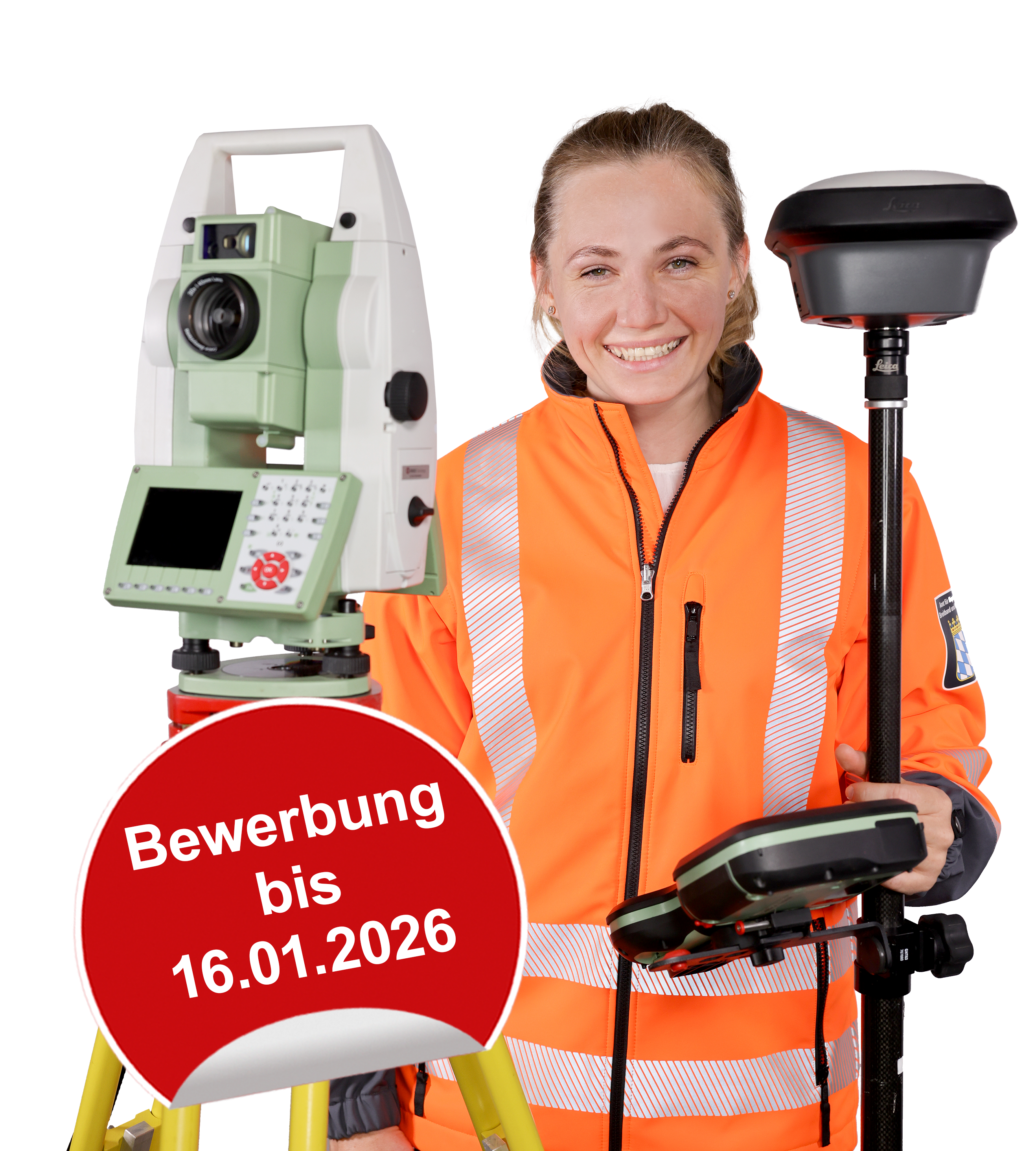 Junge Frau in orangefarbener Arbeitsjacke hält einen Tachymeter in der linken Hand und ein GPS-Empfangsgerät in der rechten Hand. Sie lächelt in die Kamera. Daneben befindet sich eine roter Kreis mit dem Text: 'Bewerbung bis 16.01.2026'.